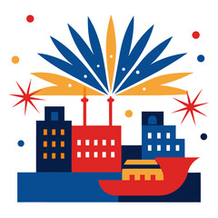 Abstract cityscape with festive fireworks and industrial elements