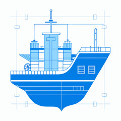 Blueprint of a blue cargo ship with detailed design elements