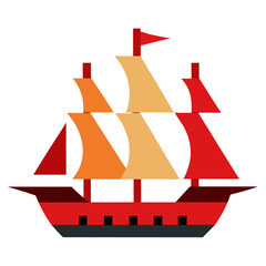 Stylized sailing ship with colorful sails and red hull