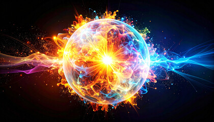 Obraz premium multicolored energy sphere exploding outward in cosmic space, with radiant light, glowing plasma, and swirling particles, symbolizing quantum energy, science, and futuristic technology