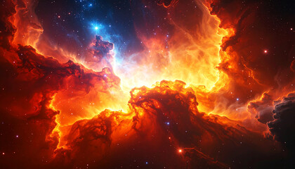 Golden and crimson nebula swirling in cosmic patterns, illuminated by a radiant central star, with glowing interstellar clouds and distant stars creating a breathtaking celestial scene