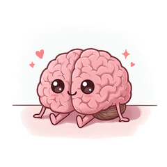 Naklejka premium Cute Cartoon Brain Character Sitting with Heart and Sparkles in Background
