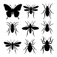 Collection of insect silhouettes isolated on transparent background