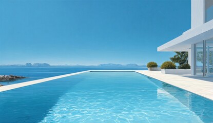 Fototapeta premium Modern luxury villa with infinity pool overlooking a clear blue ocean under a bright sky