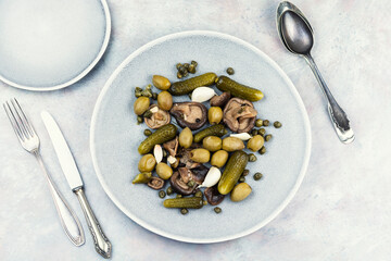 Set of salty snacks, food photography.