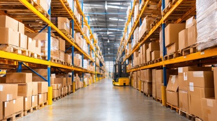 A well-organized warehouse with stacked cardboard boxes and a forklift in action, showcasing efficient storage