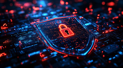 A glowing red cyber security shield lock on a digital circuit background, a concept of data protection and online safety, perfect for tech security