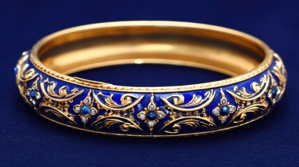 Ornate gold bangle with blue enamel and gemstones displayed against a dark velvet background