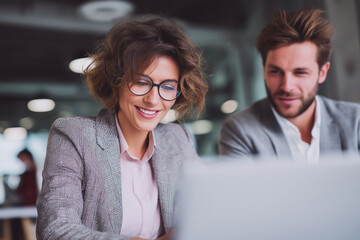 Medium close-up of two creative professionals collaborating in a stylish co-working space, trendy formal outfits, open laptop on table