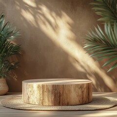 Modern podium features minimal design with natural wood texture set against warm wall and lush greenery enhancing aesthetic appeal in a tranquil and stylish indoor space