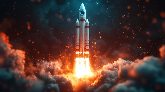 A dramatic rocket launching into space with fiery smoke, a powerful concept of innovation and ambition, perfect for business startup presentations