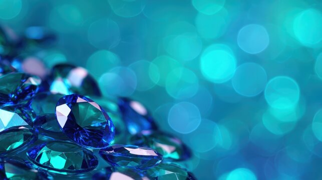 A close-up of shimmering blue gemstones scattered on a surface with a blurred turquoise background