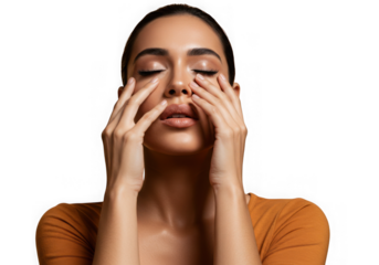 Woman gently massaging her face with eyes closed in soft light
