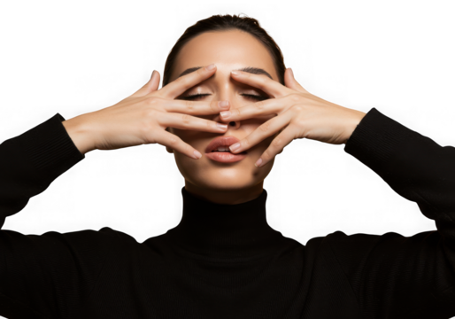 Woman hiding face with hands against dark background - Powered by Adobe