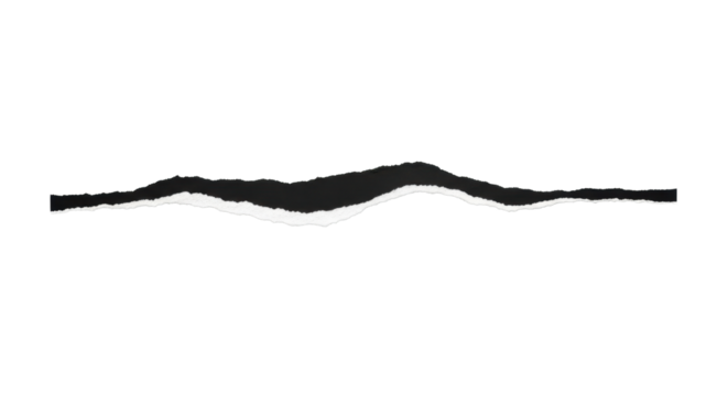 Black paper with a jagged, torn edge representing an abstract horizon line, centered on a transparent background with copy space and no shadows, captured from a top-down view. Minimalist abstract