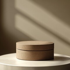 Modern podium design showcases minimalism featuring a brown round podium with a clean surface, highlighting a natural aesthetic ideal for various artistic displays or presentations