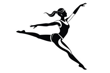 Fototapeta premium Black silhouette woman leaps athletically with graceful posture on a white background elegantly rendered