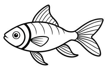 Black outline conveys a detailed fish with fins on a white background