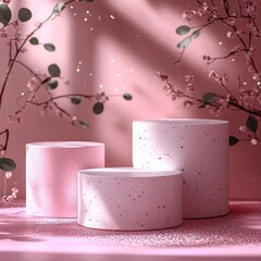 Pink pedestals create an elegant display of textured surfaces with soft lighting and floral accents in a serene setting perfect for showcasing art pieces or products