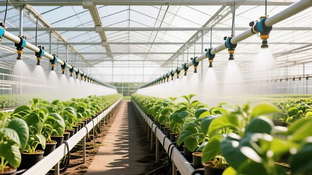 Automated Greenhouse Irrigation System Waters Rows of Lush Green Plants Under Bright Sunlight.