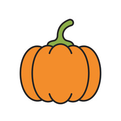 Simple Orange Pumpkin Illustration with Green Stem and Black Outline Isolated on White Background for Halloween or Thanksgiving Designs