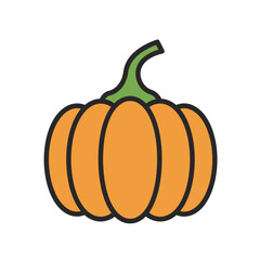 Simple Orange Pumpkin Illustration with Green Stem and Black Outline for Halloween or Thanksgiving Holiday Decoration or Design Element
