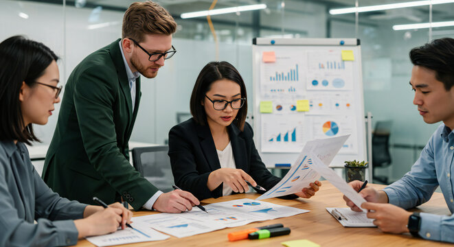 A multicultural business team analyzing data reports and charts in a modern office meeting.