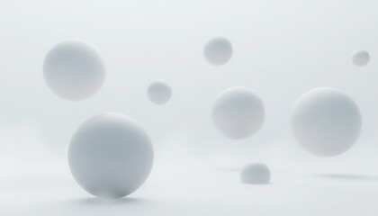 A minimalist composition featuring several soft white spheres floating against a white background space
