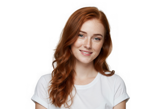 Smiling young woman with long wavy red hair against a black background - Powered by Adobe