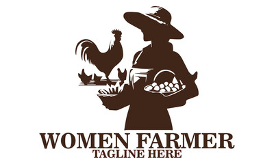 Vector illustration of a smiling woman farmer in a wide-brimmed hat holding an egg and a basket full of eggs, with a rooster standing beside her. Farming concept