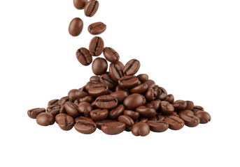 Naklejka premium Roasted Arabica coffee beans, individual and distinct, falling and accumulating into a pile, showcasing rich brown tones, against a clean transparent background with copy space, no shadows,