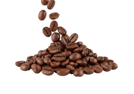 Roasted Arabica coffee beans, individual and distinct, falling and accumulating into a pile, showcasing rich brown tones, against a clean transparent background with copy space, no shadows,