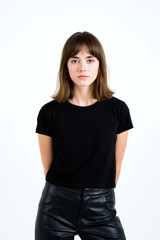 Fototapeta premium A young woman stands still with a serious expression, wearing a fitted black shirt and leather pants, positioned against a clean white backdrop. Generative AI.