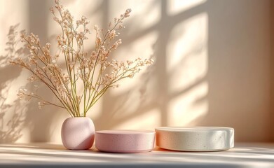 Pink pedestals showcase delicate flower arrangement highlighting elegance and simplicity in modern decor, merging functionality with aesthetic charm in serene environment