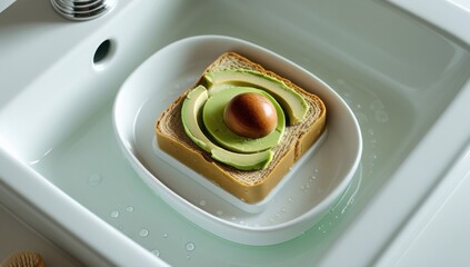 Innovative culinary creation featuring a closeup of an overhead view of bread with avocado and an egg in a bowl of water