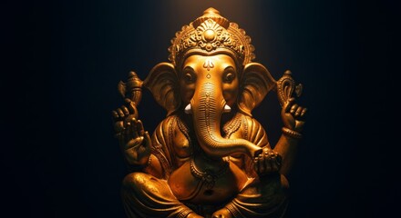 Golden Ganesha Statue, Hindu God, Religious Art