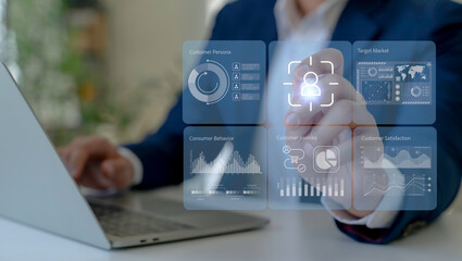 Digital customer analytics concept. Customer analytics dashboard, customer persona, journey, behavior and satisfaction. Data driven marketing, business intelligence and customer insight analysis.