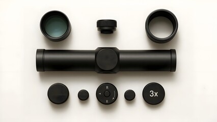 Top-Down Flat Lay of Disassembled 3x Rifle Scope Components on White Background