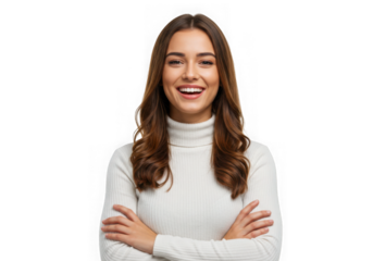Young woman smiling with arms crossed in white turtleneck