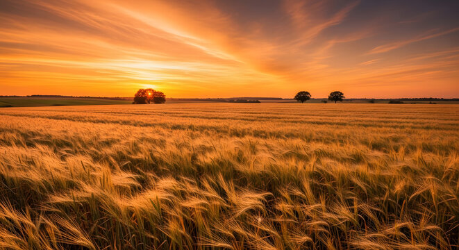 suasana sawah disinari senja pada sore hari