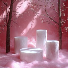 Elegant pink pedestals arranged in serene setting surrounded by soft floral elements and gentle light creating tranquil atmosphere ideal for display or presentation