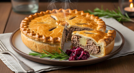 A golden-crusted meat pie, with a slice removed, sits on a plate. Pickled onions and rosemary garnish it, setting a warm, inviting tone.

