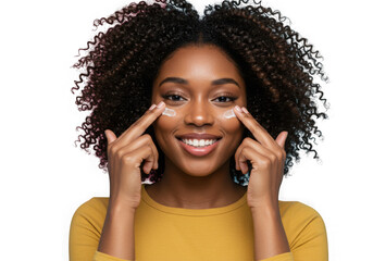 Smiling black woman applying eye cream with fingers