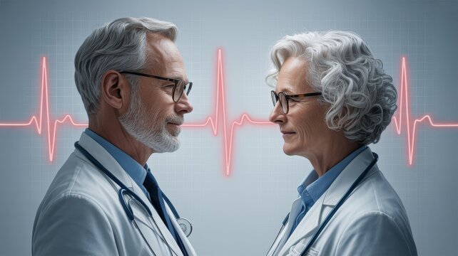 A profile view of two healthcare professionals, a man and a woman, facing each other with a heartbeat line graphic in the background.