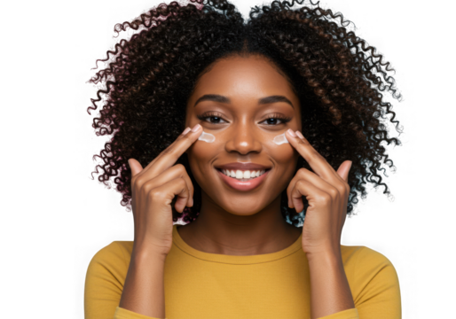 Smiling black woman applying eye cream with fingers
