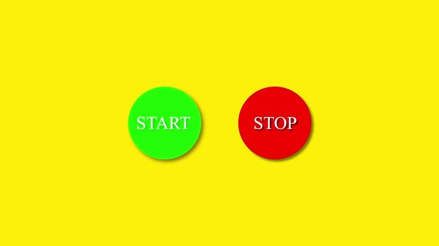 Simple push button design in green colors with a blinking word 'stop on yellow background '. 4k animation 