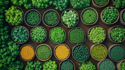 A top-down view of various green herbs and sprouts in pots, a concept of fresh ingredients and gardening, perfect for food or wellness themes