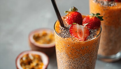Two layered smoothie with chia seeds and strawberries