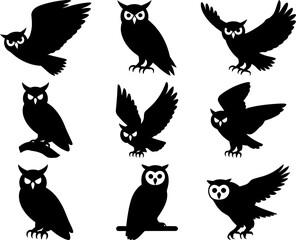 Naklejka premium A collection of diverse owl silhouettes in various poses, showcasing their majestic flight and perched stillness.