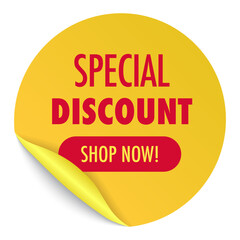 Special discount sale shop now sticker realistic 3d style for party poster, black friday banner advertising, discounts symbol, promotion, billboard, social media. Vector 10 eps